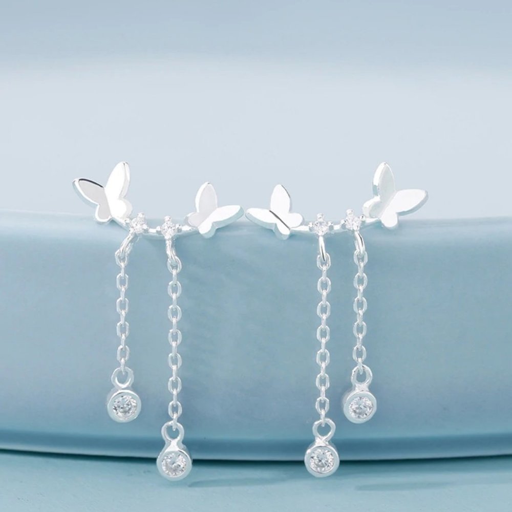 NEW 925 Sterling Silver Diamond Butterfly Earrings - Picture 1 of 3